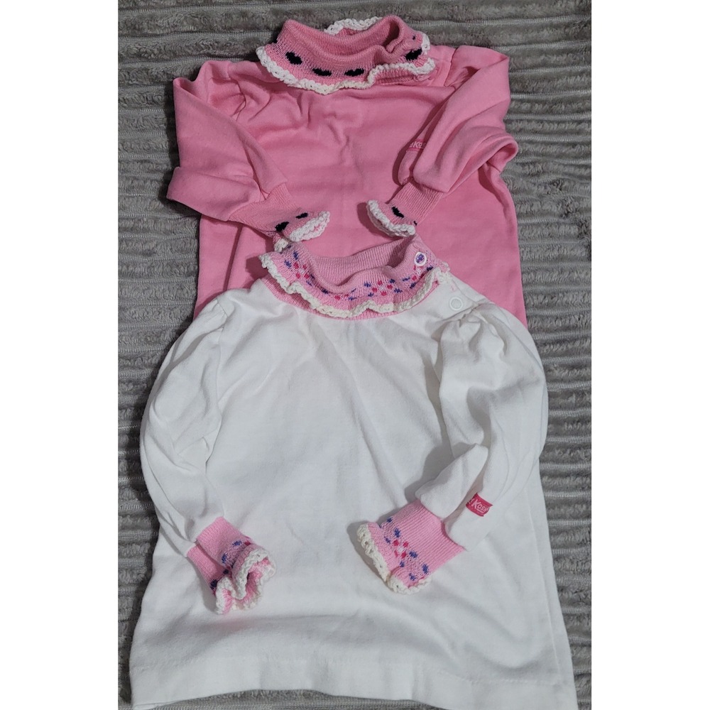 Vintage OshKosh Bgosh Baby Girls Mock Neck Ruffle Shirts Set 2 USA 6-9M 12M